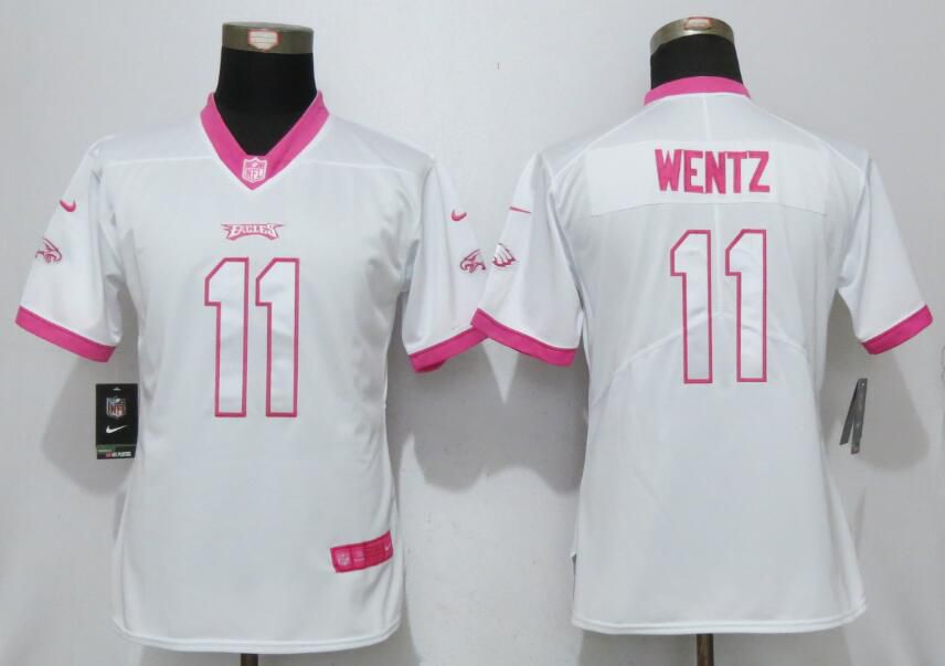 Women 2017 Philadelphia Eagles #11 Wentz Matthews White Pink Stitched New Nike Elite Rush Fashion NFL Jersey
